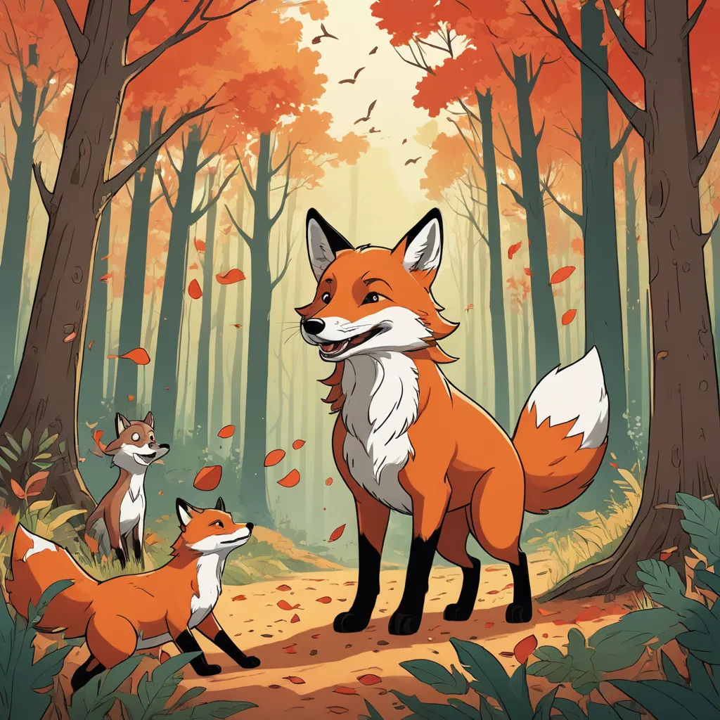 a fox and a fox cub in a forest with leaves on the ground and trees in the background, with leaves falling off the ground, furry art, a storybook illustration, Diego Gisbert Llorens, official art