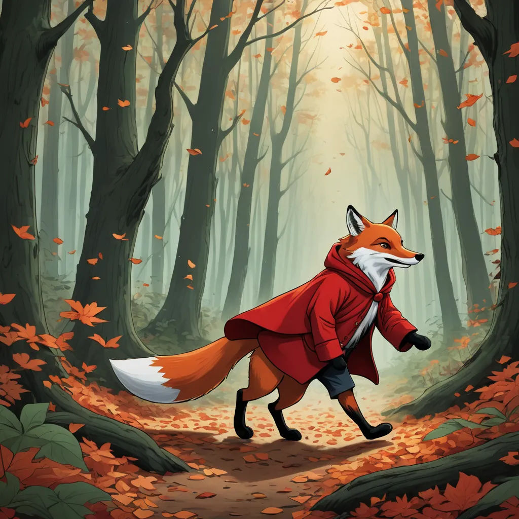 a fox in a red coat is walking through a forest with leaves on the ground and a path of trees, furry art, a storybook illustration, Cliff Childs, autumn