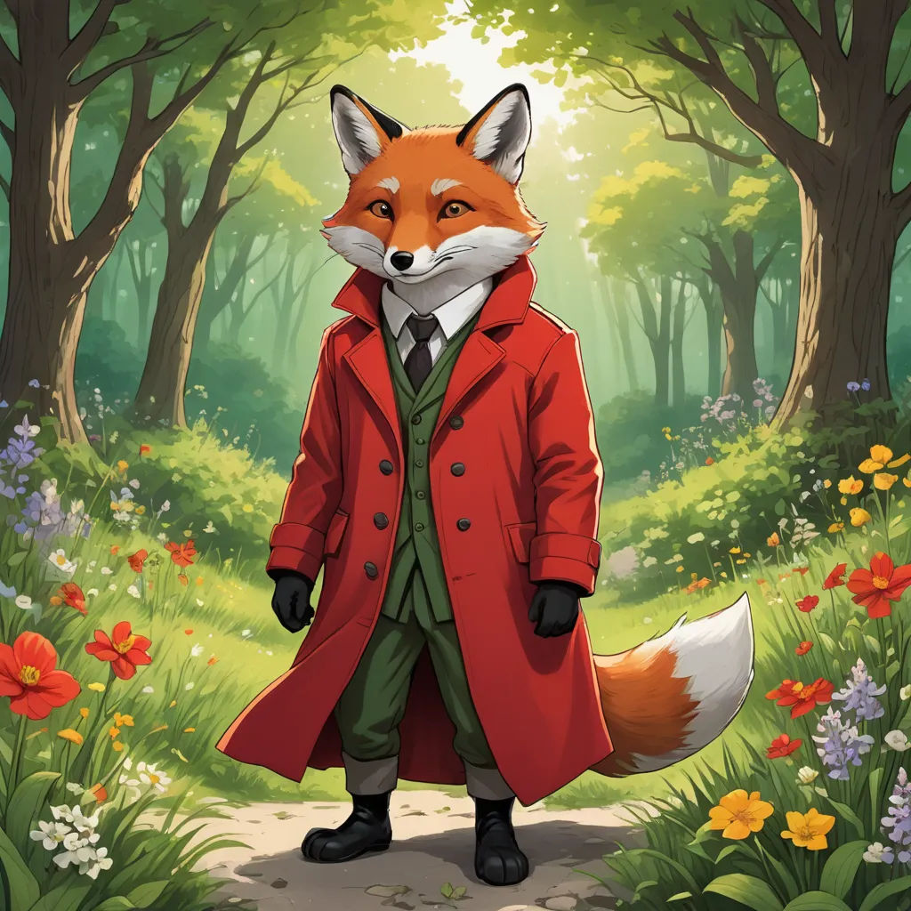 a fox in a red coat and green pants stands in a forest with flowers and trees, and a path leading to the woods, furry art, a character portrait, Aaron Jasinski, official art