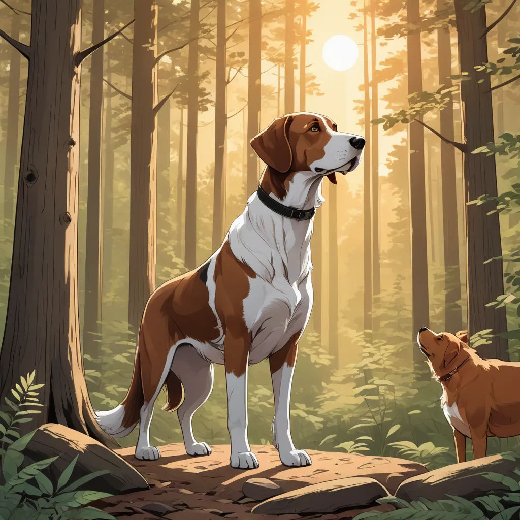 a dog and a dog standing on a rock in the woods with the sun shining through the trees behind them, furry art, a comic book panel, Don Bluth, official art