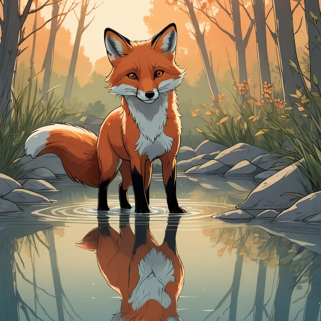 a red fox standing in a pond of water near a forest with rocks and trees, with a reflection in the water, furry art, a storybook illustration, Dan Mumford, reflection