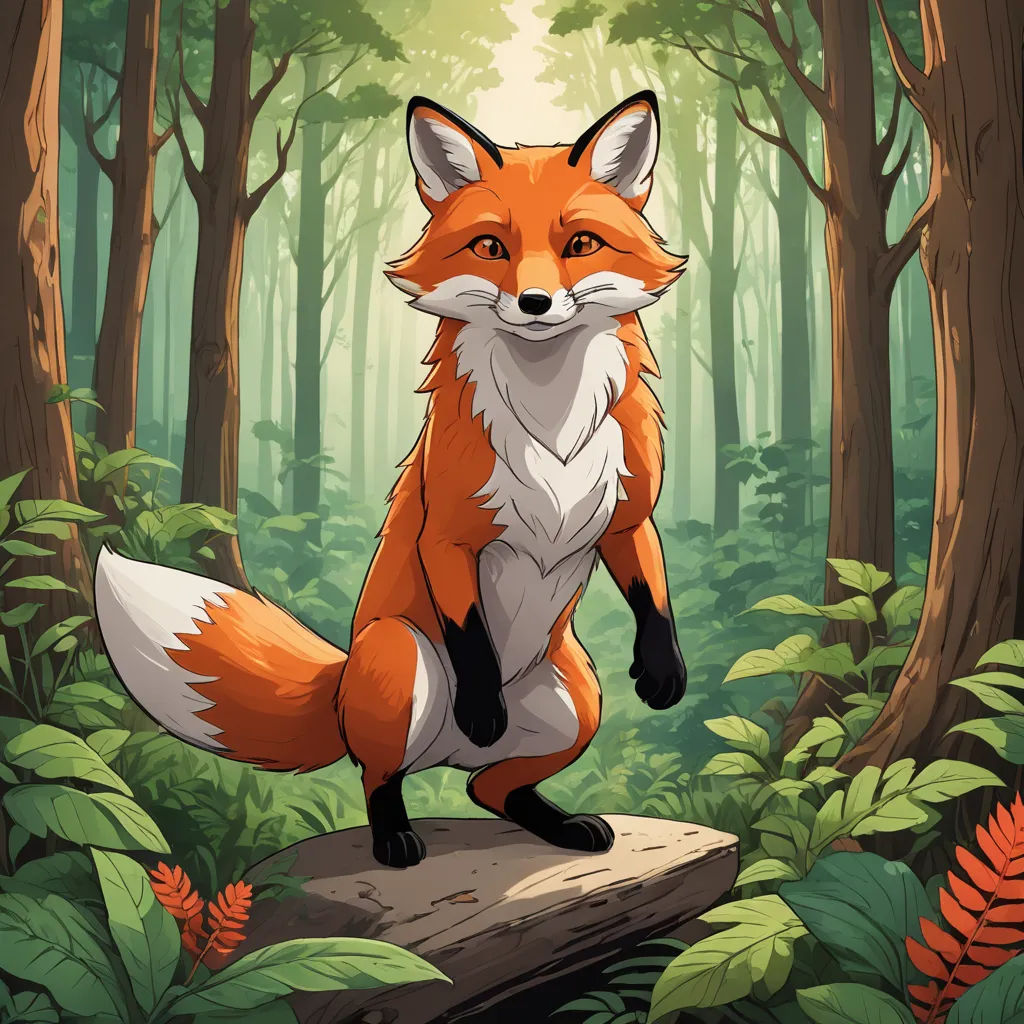 a red fox standing on a log in a forest with ferns and trees around it, looking at the camera, furry art, a character portrait, Dan Mumford, official art
