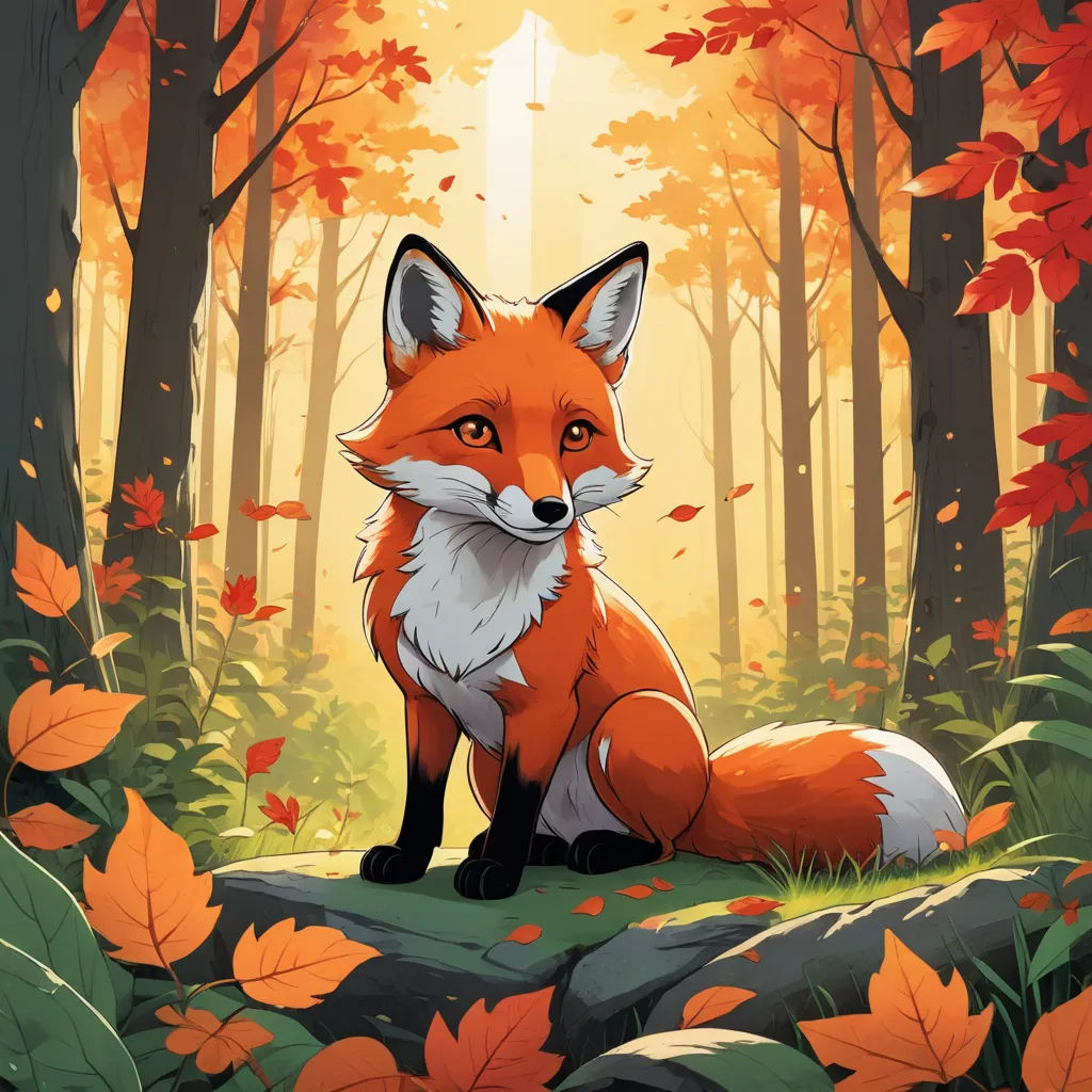 a red fox sitting in the middle of a forest with leaves on the ground and a bright light coming from behind it, furry art, a storybook illustration, Dan Mumford, official art