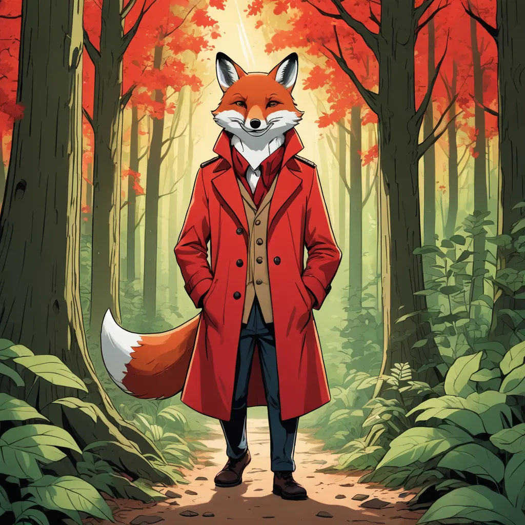 a man in a red coat standing in a forest with a fox on his back and a red coat on his shoulders, furry art, a character portrait, Colin Middleton, official art