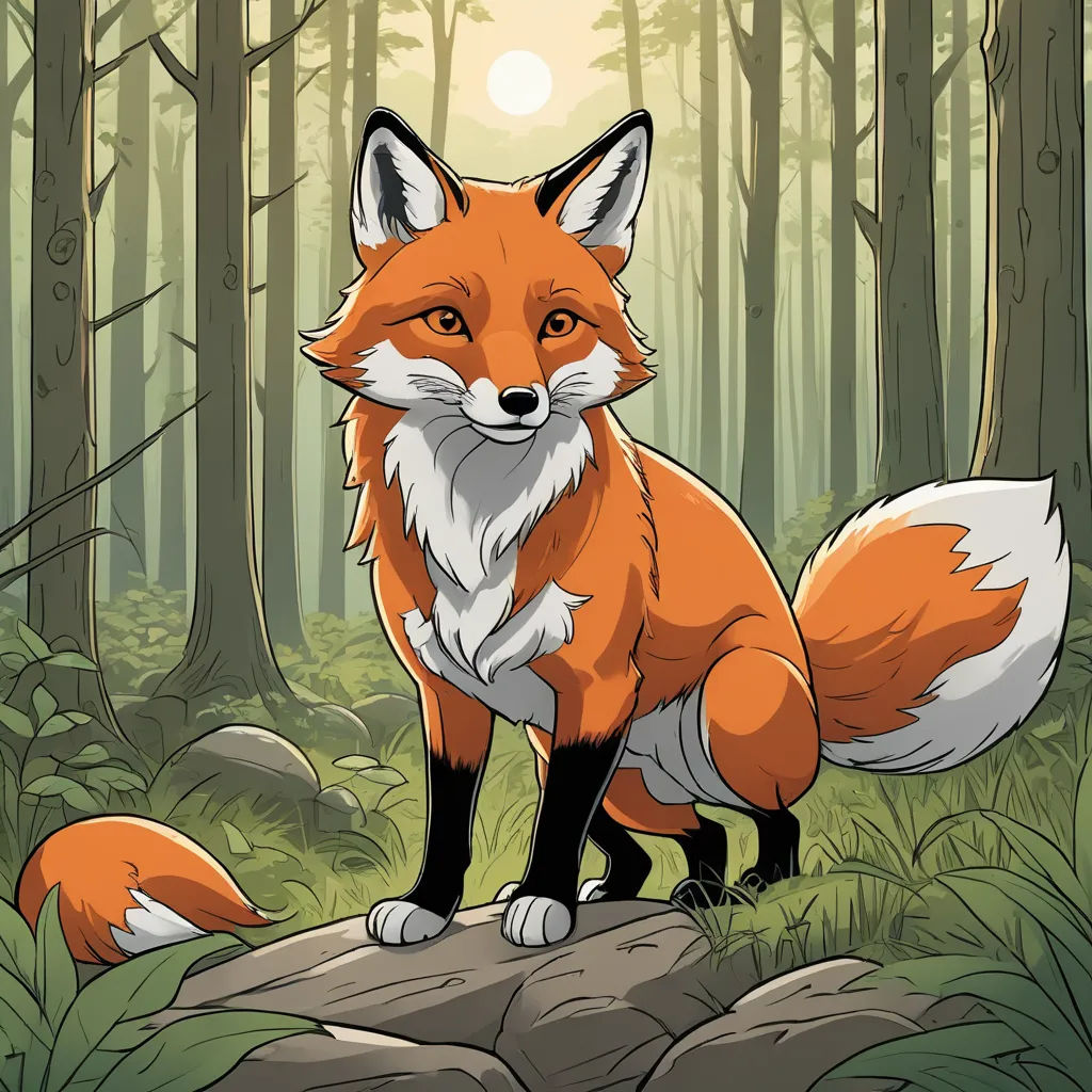 a red fox sitting on a rock in a forest with a sun in the background and trees and rocks, furry art, a character portrait, Dan Mumford, official art
