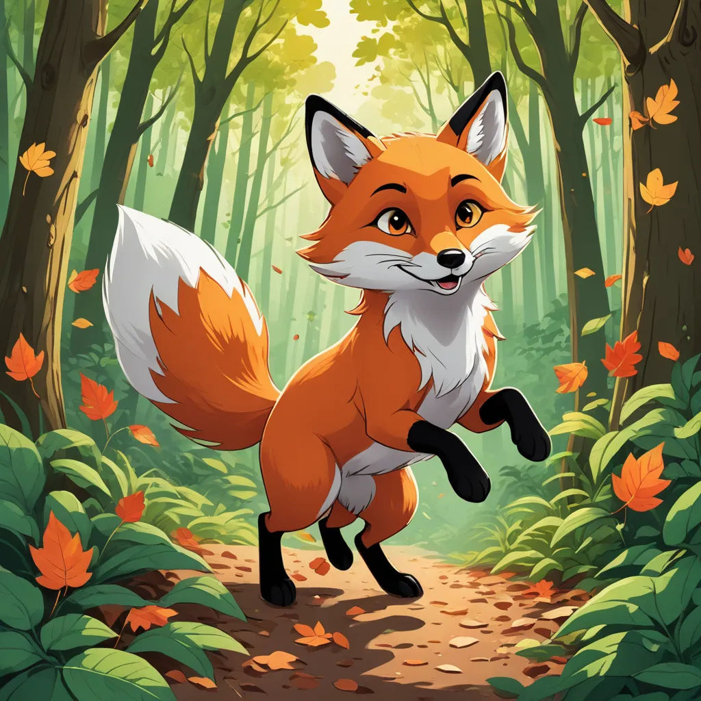 a cartoon fox running through a forest with leaves on the ground and trees in the background, with leaves on the ground, furry art, a storybook illustration, Cliff Childs, official art