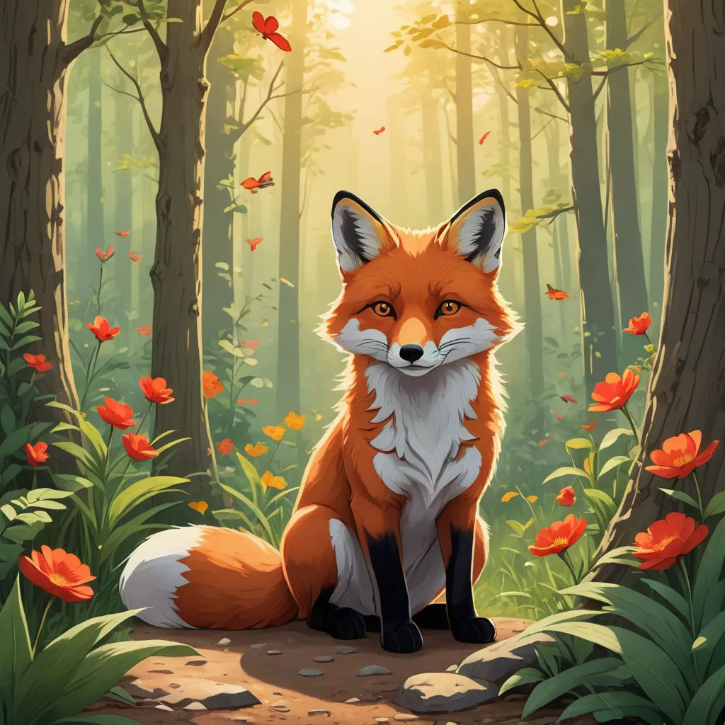 a fox sitting in the middle of a forest with red flowers on the ground and a butterfly flying above, furry art, a digital painting, Cyril Rolando, official art