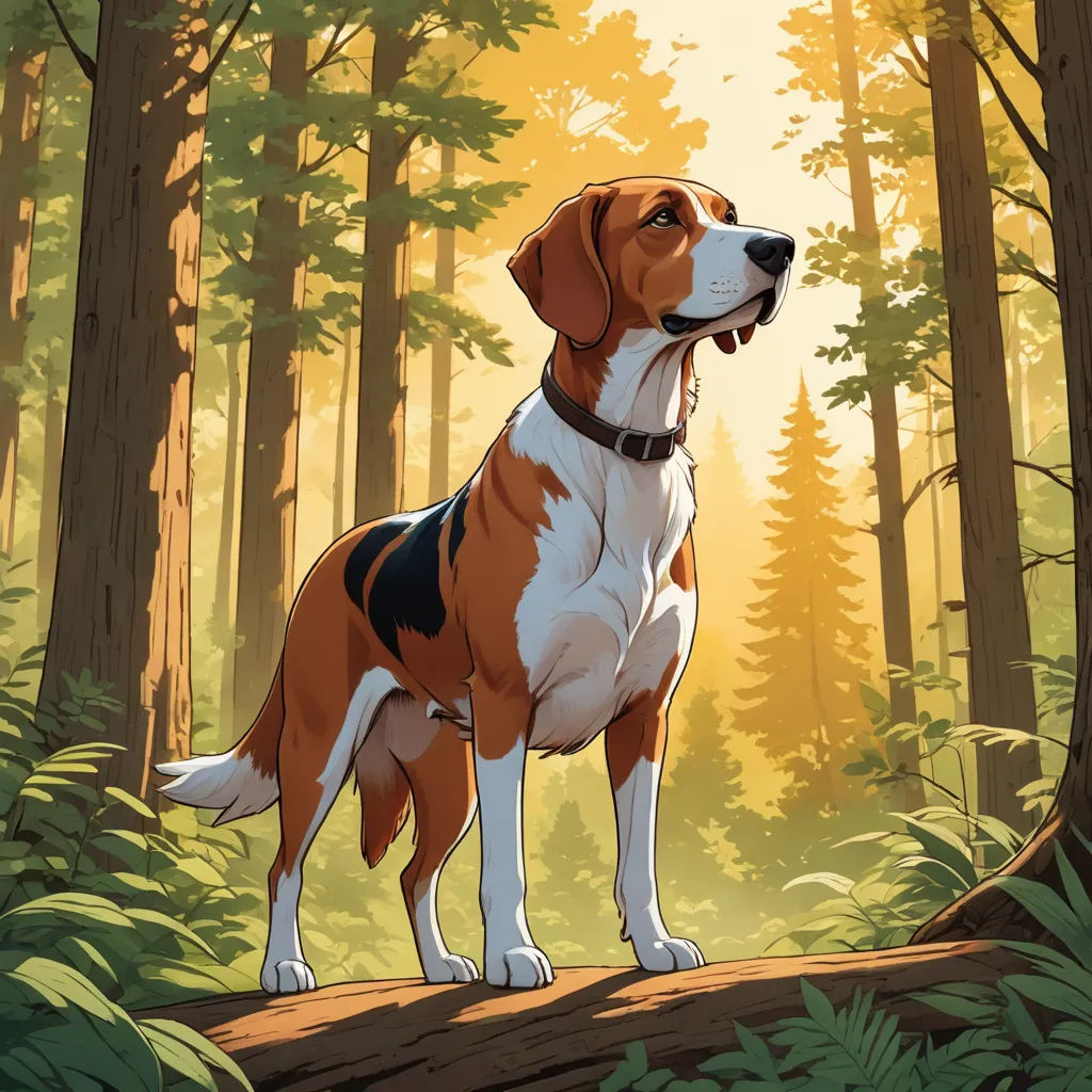 a dog standing in the woods with its mouth open and looking up at something in the distance with trees and bushes in the background, furry art, a comic book panel, Chris LaBrooy, official art