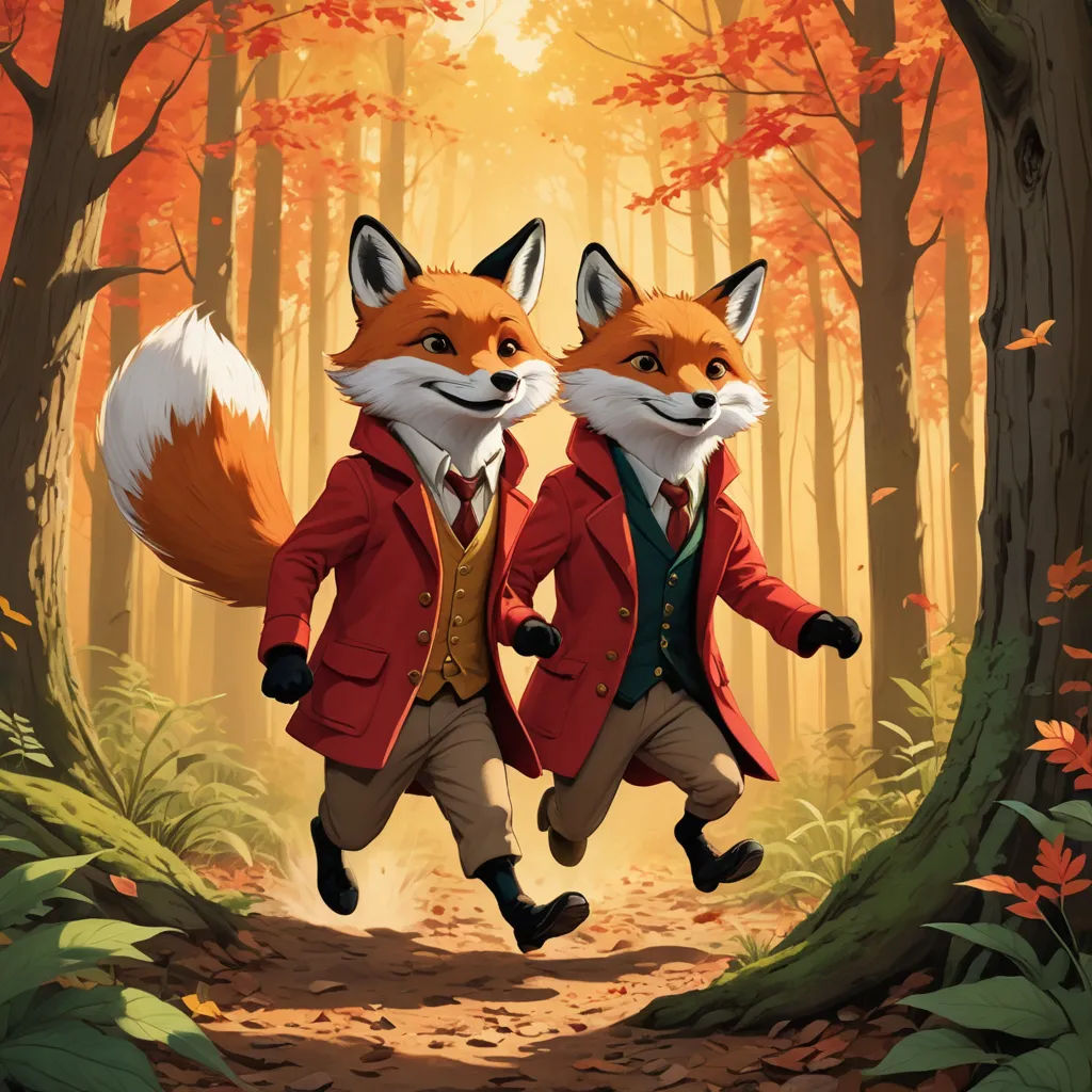 a couple of foxes are running through a forest together in jackets and tails, with a red coat on, furry art, a storybook illustration, Brothers Hildebrandt, official art