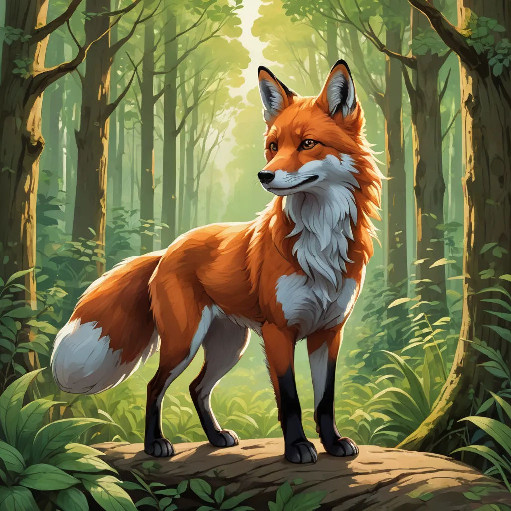 a fox standing on a log in a forest with trees and bushes around it, looking at the camera, furry art, a digital painting, Dan Mumford, official art