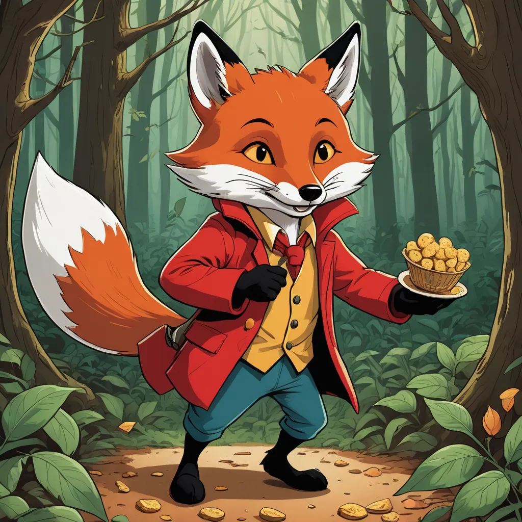 a fox in a red coat holding a plate of food in a forest with leaves and a trail in the background, furry art, a character portrait, Dan Mumford, key art
