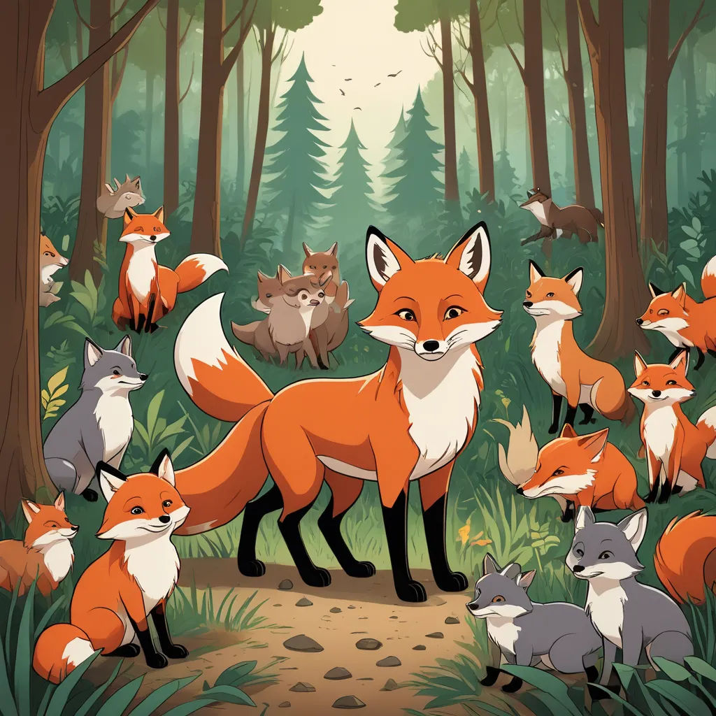 a group of foxes in a forest with a path leading to them and a forest background with trees and bushes, furry art, a storybook illustration, Dan Mumford, furaffinity