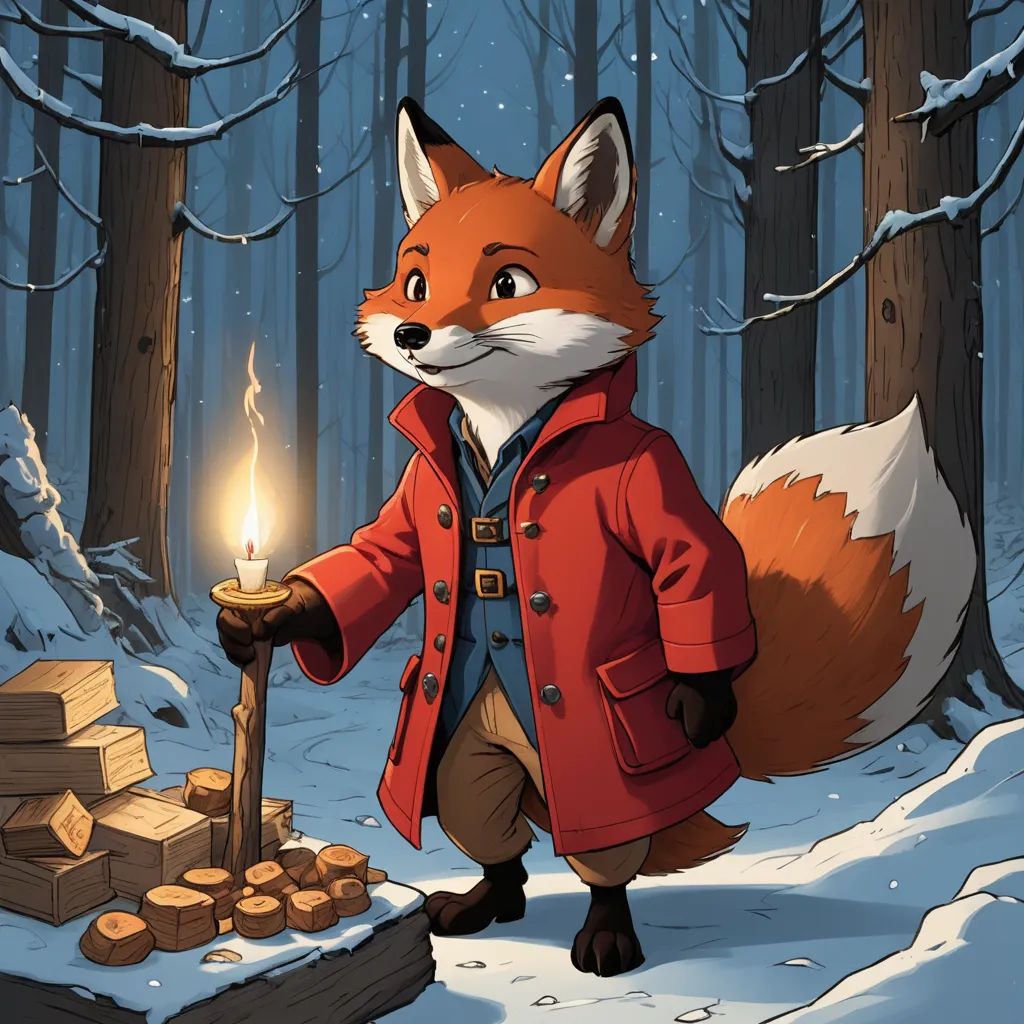 a fox in a red coat holding a lit candle in a snowy forest with logs and logs in the foreground, furry art, a storybook illustration, Aaron Jasinski, official art