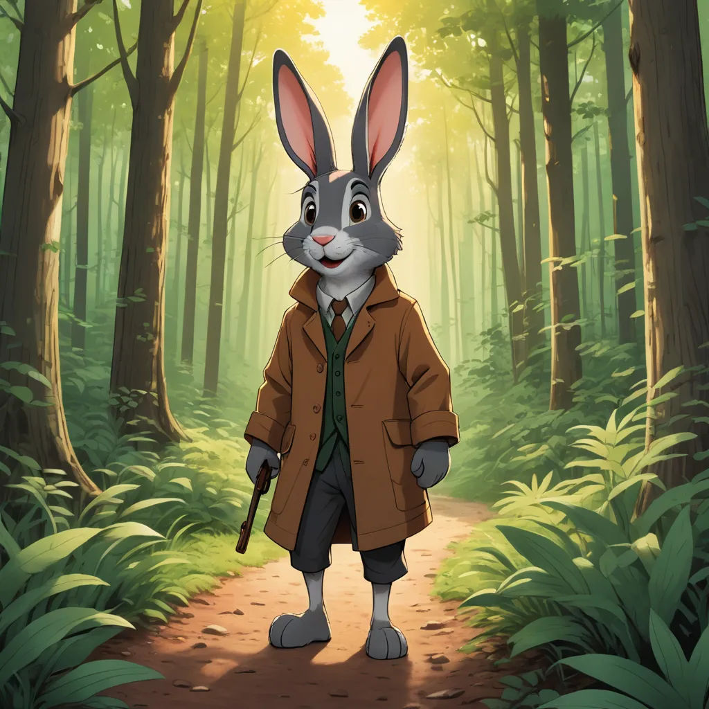 a rabbit in a coat and tie standing in a forest with a cane in his hand and a cane in his other hand, furry art, a character portrait, Beatrix Potter, official art