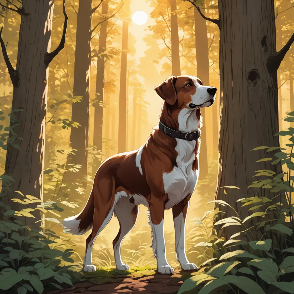 a dog standing in the middle of a forest with a sun shining through the trees behind it and a forest floor, furry art, a comic book panel, Atey Ghailan, official art