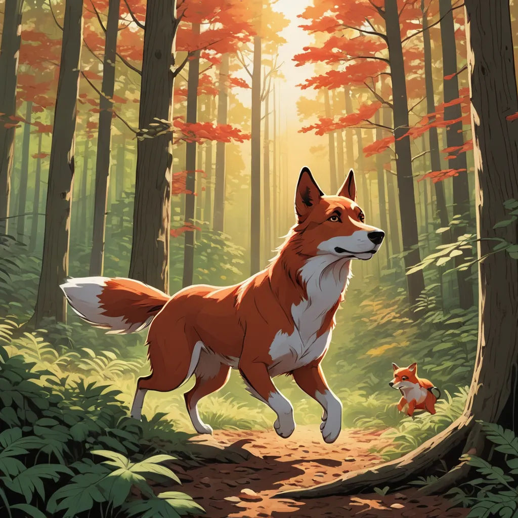 a painting of a fox and a squirrel in a forest with trees and leaves in the background, with the sun shining through the trees, furry art, a storybook illustration, Chris LaBrooy, official art