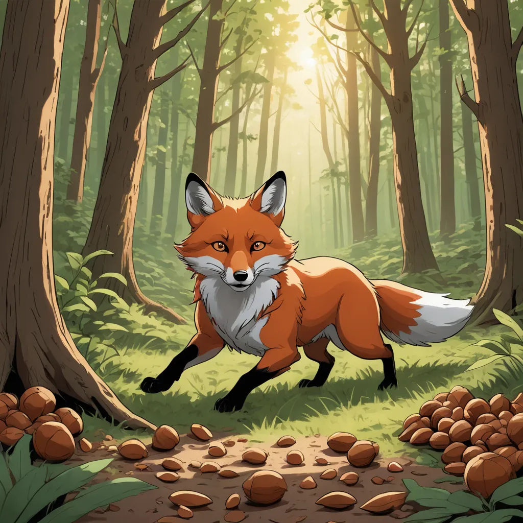 a red fox running through a forest with rocks and trees in the background, with the sun shining through the trees, furry art, a storybook illustration, Dan Mumford, official art