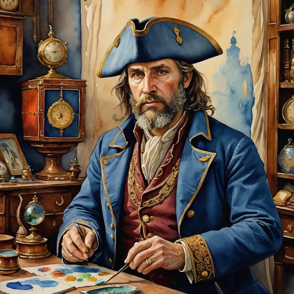 a painting of a man in a pirate costume sitting at a table with a paintbrush and palette in his hand, fantasy art, a detailed painting, Alex Horley-Orlandelli, highly detailed digital painting