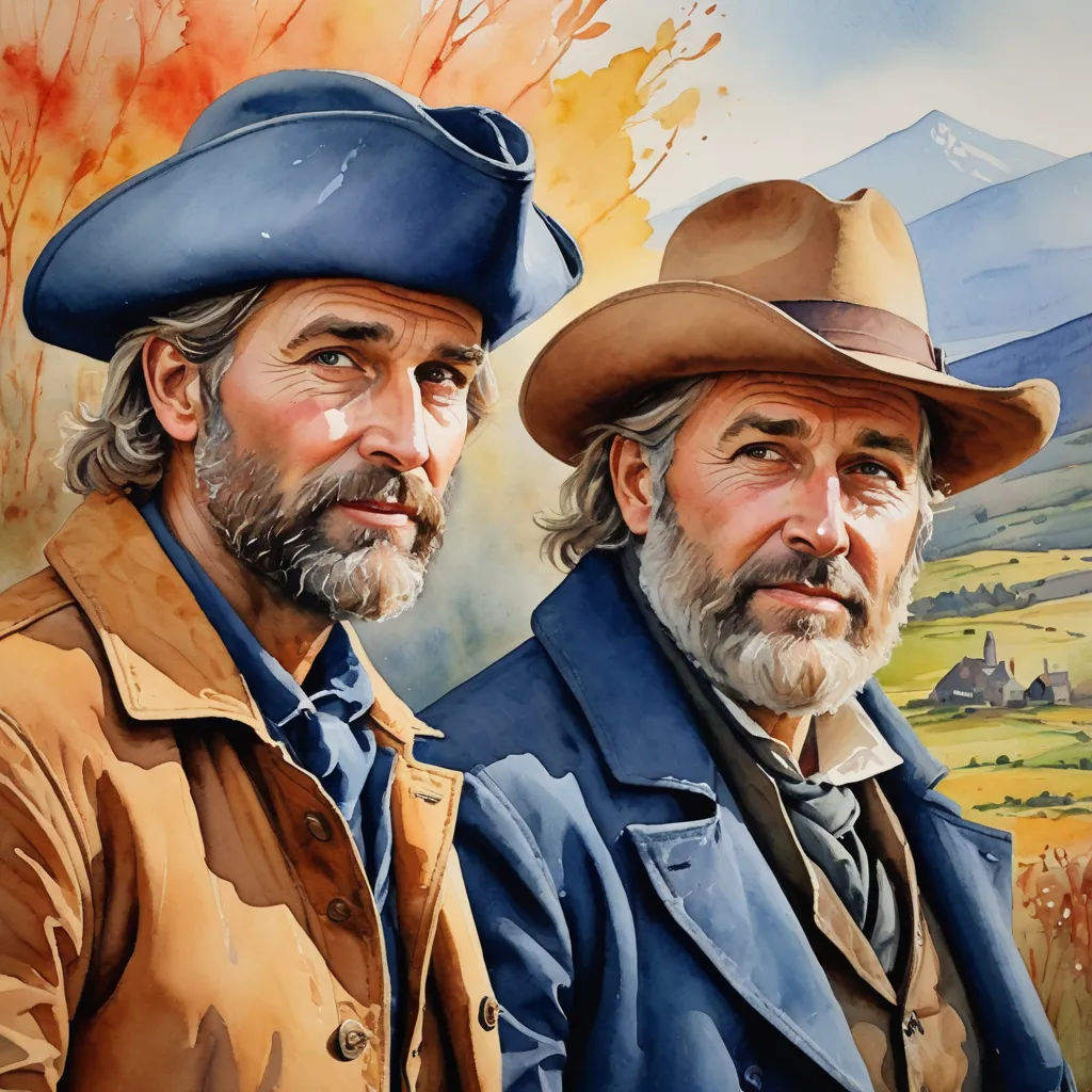 two men in hats are standing next to each other in a painting of a field and mountains behind them, figurative art, an ultrafine detailed painting, Brothers Hildebrandt, highly detailed digital painting