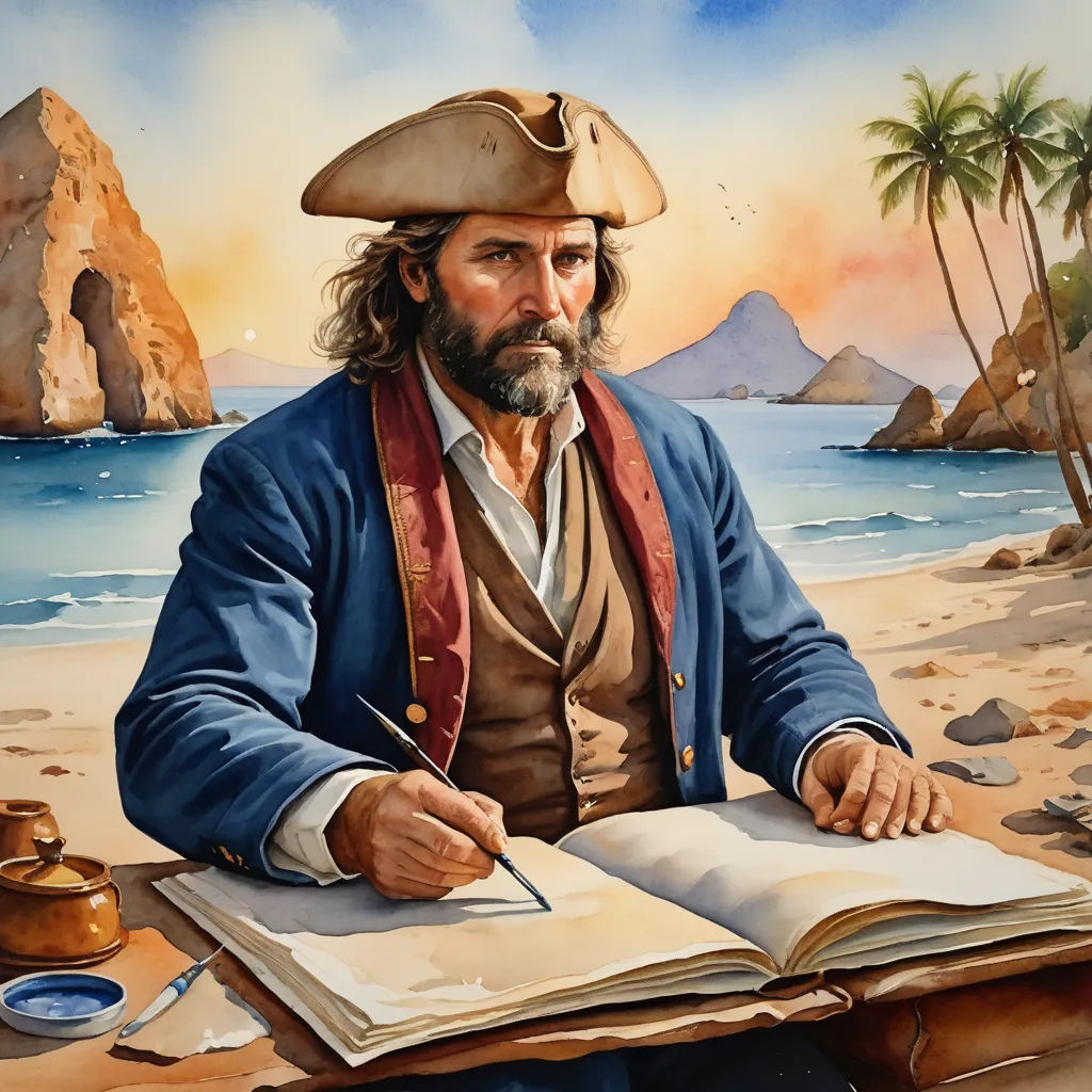 a painting of a man in a pirate costume writing a book on a beach with a mountain in the background, academic art, a detailed painting, Augustus Dunbier, detailed painting