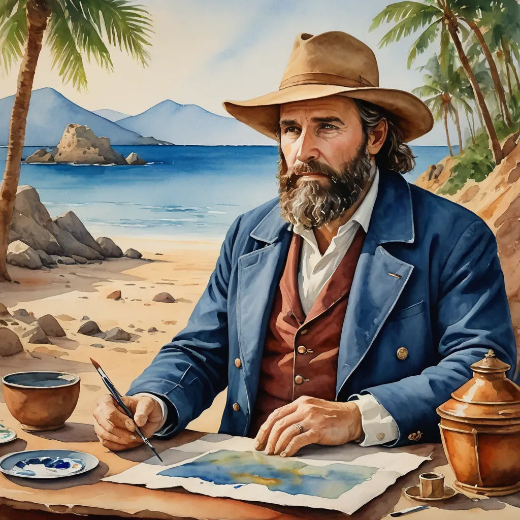 a painting of a man with a beard and a hat sitting at a table with a book and a cup, primitivism, a detailed painting, Augustus Dunbier, painting