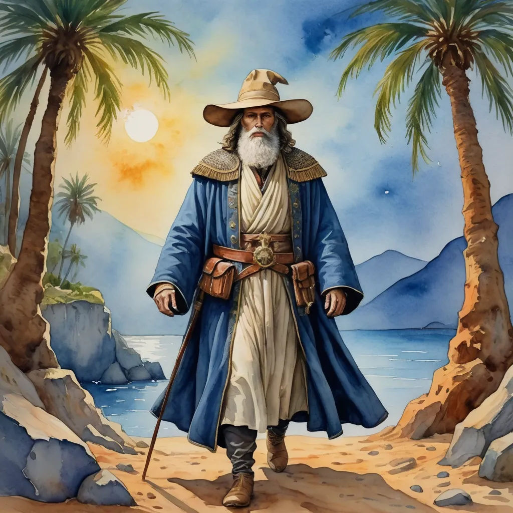 a painting of a man with a beard and a hat on a beach with palm trees and a sunset, fantasy art, concept art, Drew Struzan, epic fantasy character art