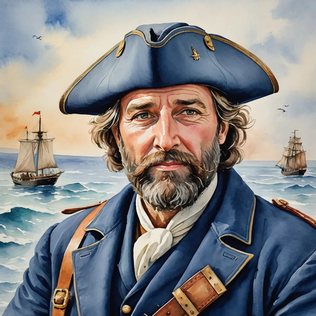 a painting of a man in a blue uniform with a hat and a beard and a boat in the background, american scene painting, a character portrait, Fitz Henry Lane, highly detailed oil painting