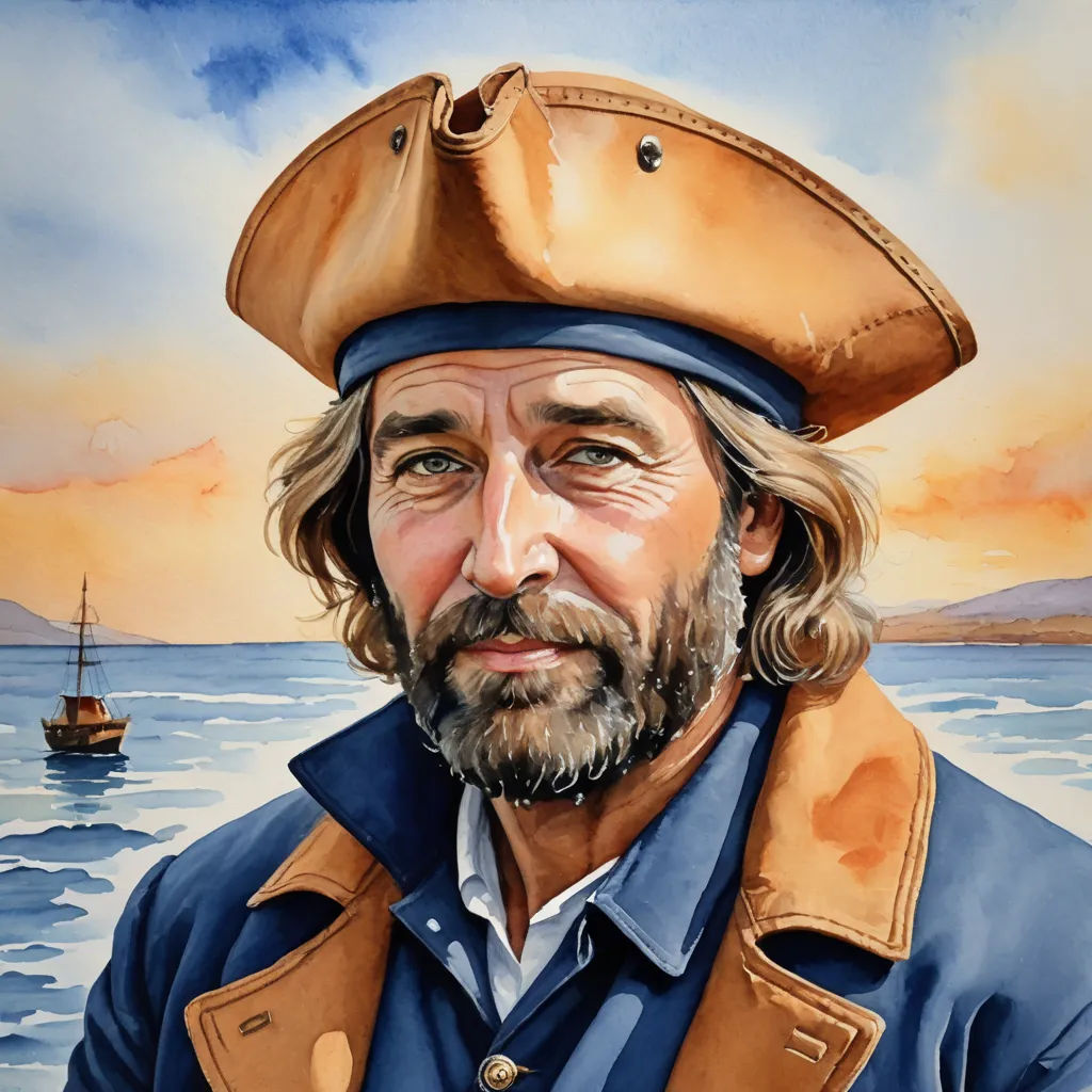 a painting of a man in a hat and coat by the ocean with a boat in the background and a sunset, american scene painting, a character portrait, Edward Clark, character portrait