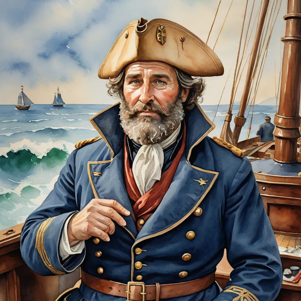 a painting of a man in a blue uniform on a boat in the ocean with a sailboat in the background, american scene painting, a character portrait, Fitz Hugh Lane, character portrait