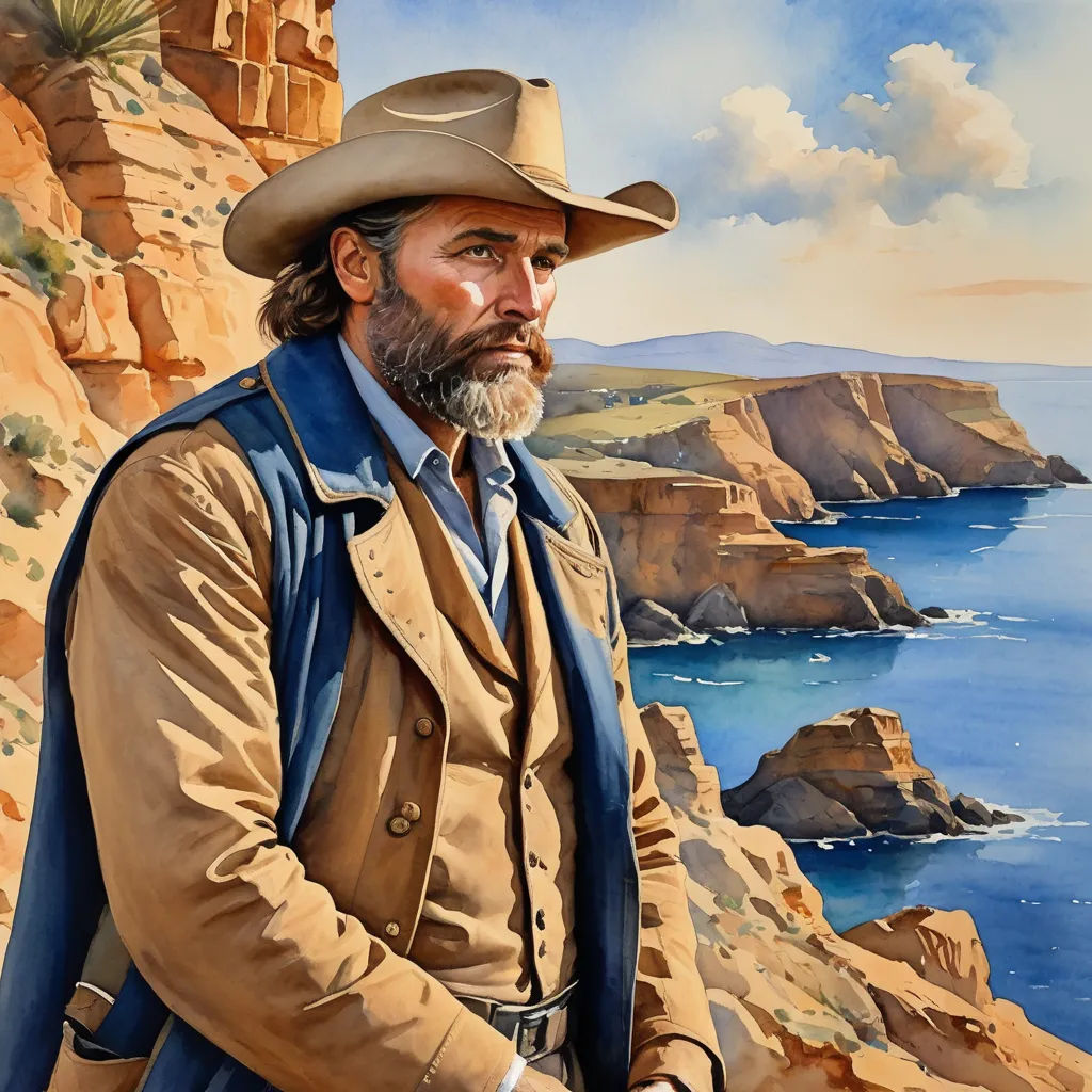 a painting of a man with a hat and a beard standing on a cliff overlooking the ocean and cliffs, american scene painting, a fine art painting, Ambrose McCarthy Patterson, western comic book art