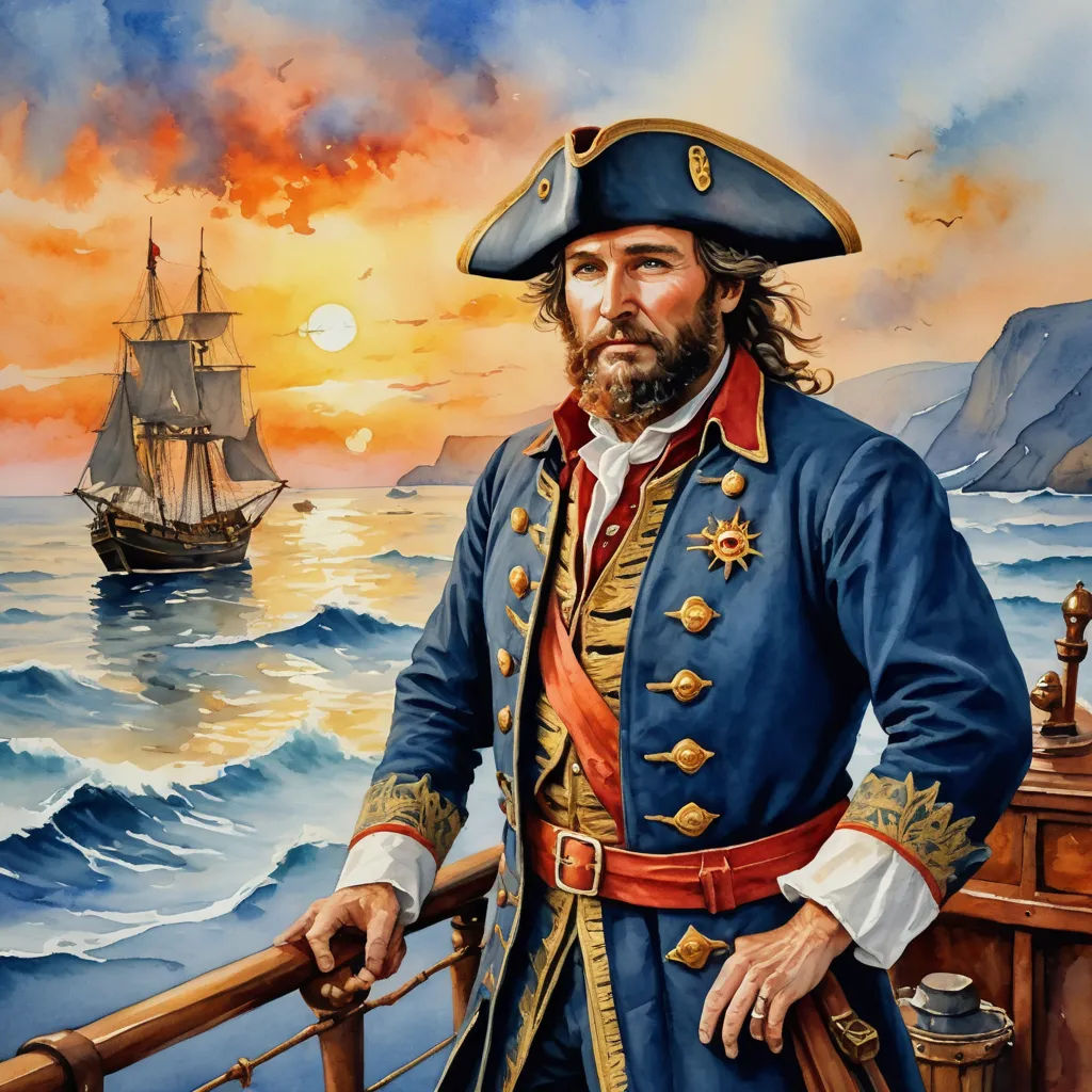 a painting of a man in a pirate costume on a ship with a sunset in the background and a ship in the water, fantasy art, a character portrait, Alex Horley, highly detailed digital painting