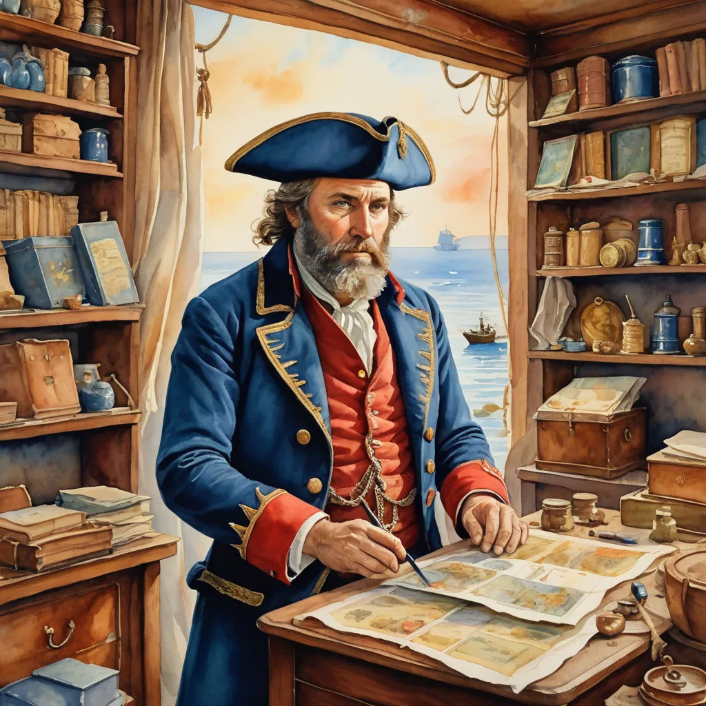 a painting of a man in a pirate costume writing on a piece of paper in a room with books, fantasy art, a character portrait, David Roberts, highly detailed digital painting