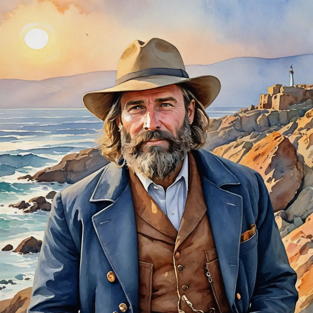 a painting of a man with a beard and a hat on standing in front of a rocky beach and ocean, american scene painting, an oil painting, Edward Otho Cresap Ord, II, western comic book art