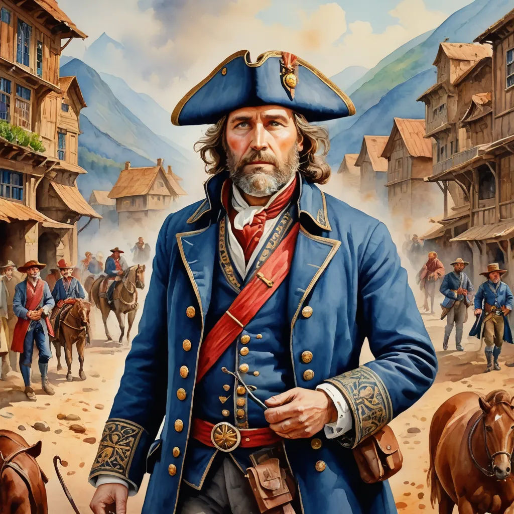 a painting of a man in a blue uniform with a horse and a town in the background with mountains, american scene painting, a character portrait, Andrey Yefimovich Martynov, highly detailed digital painting
