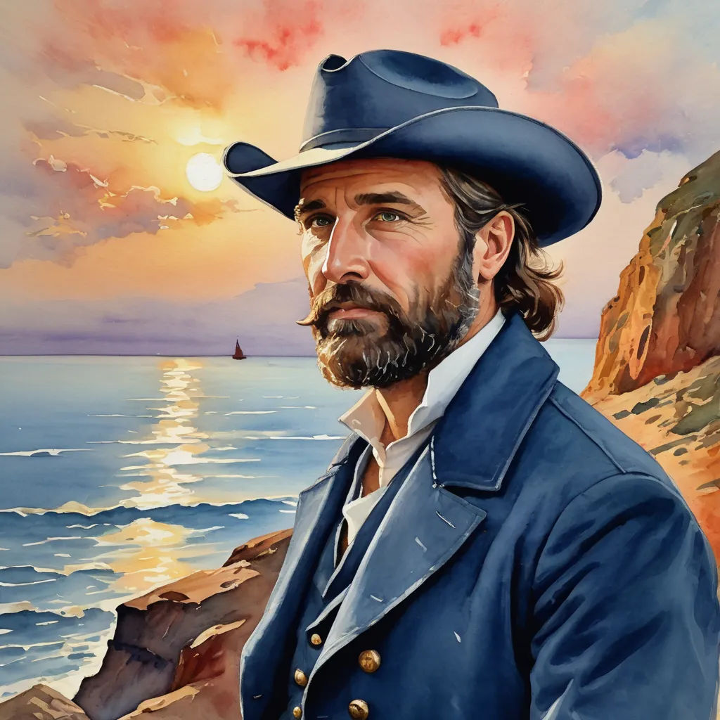 a painting of a man in a blue suit and hat by the ocean with a sunset in the background, american scene painting, a fine art painting, Edward Otho Cresap Ord, II, kinkade