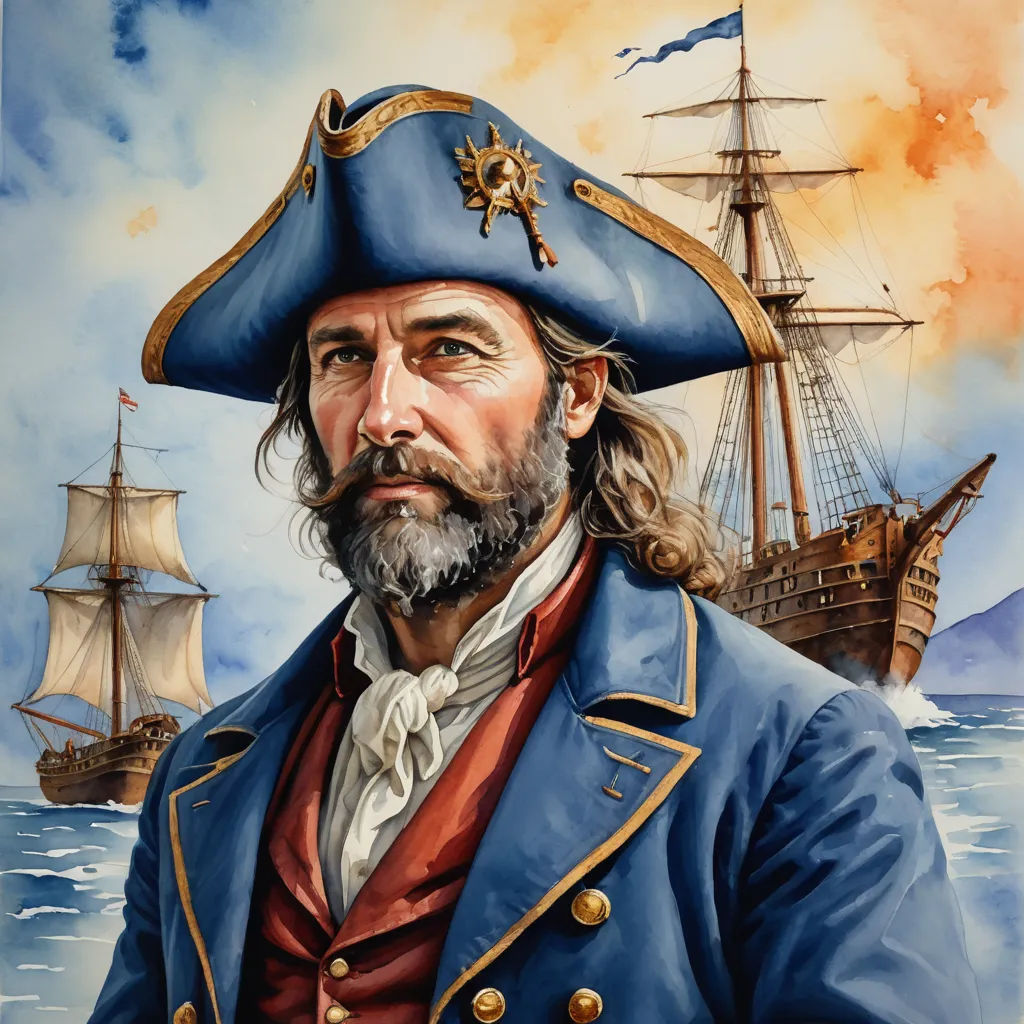 a painting of a man in a pirate costume with a ship in the background and a sky background with clouds, american scene painting, a character portrait, Alejandro Burdisio, highly detailed oil painting