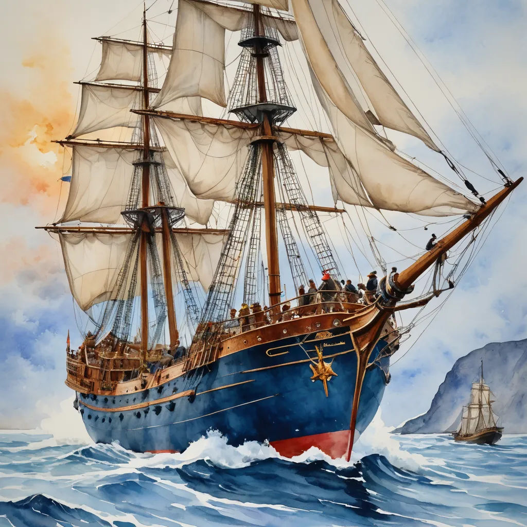 a painting of a ship in the ocean with a sky background and a mountain in the distance with clouds, american scene painting, a watercolor painting, Fitz Hugh Lane, detailed painting