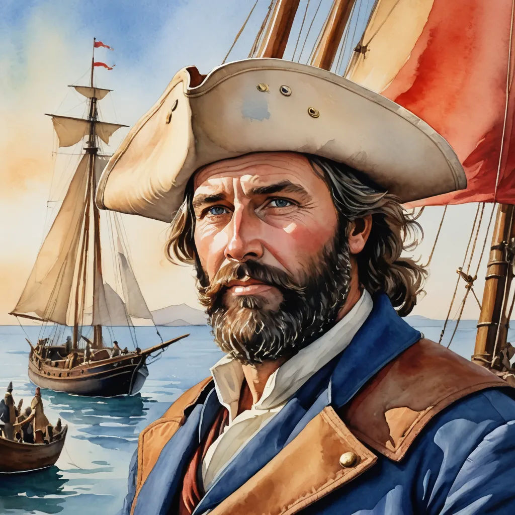 a painting of a man in a pirate costume with a beard and a beard, standing in front of a ship, american scene painting, a character portrait, Edward Clark, character portrait