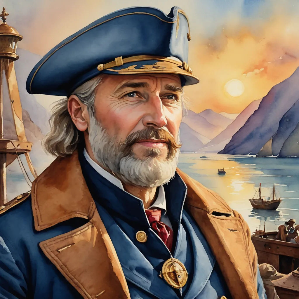 a painting of a man in a blue uniform with a hat and a sailboat in the background and a mountain range in the distance, photorealism, a character portrait, Augustus Dunbier, highly detailed digital painting