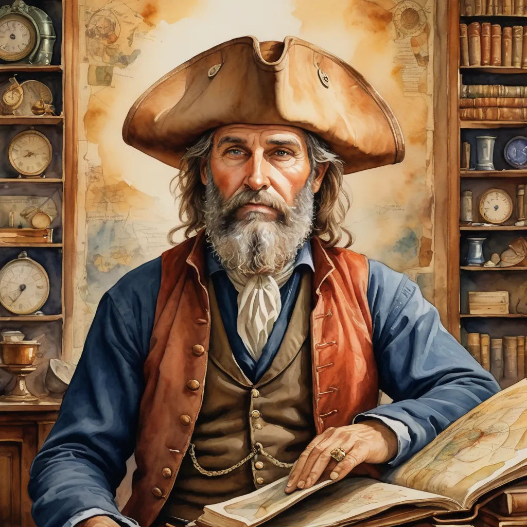 a painting of a man with a hat and a book in his hands and a clock in the background, fantasy art, a character portrait, David Roberts, highly detailed digital painting