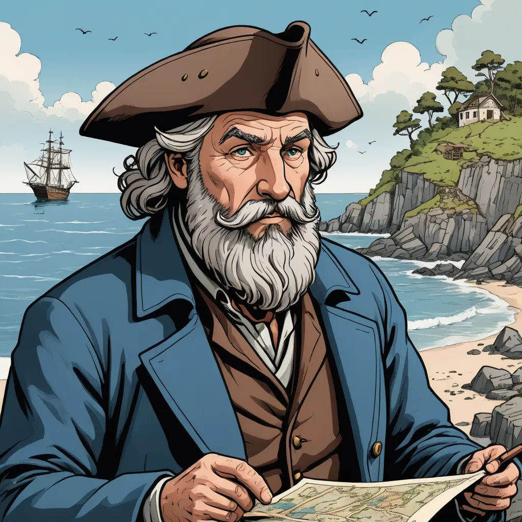 a man with a beard and a hat is looking at a map and a boat is in the background, regionalism, a comic book panel, Colin Middleton, western comic book art