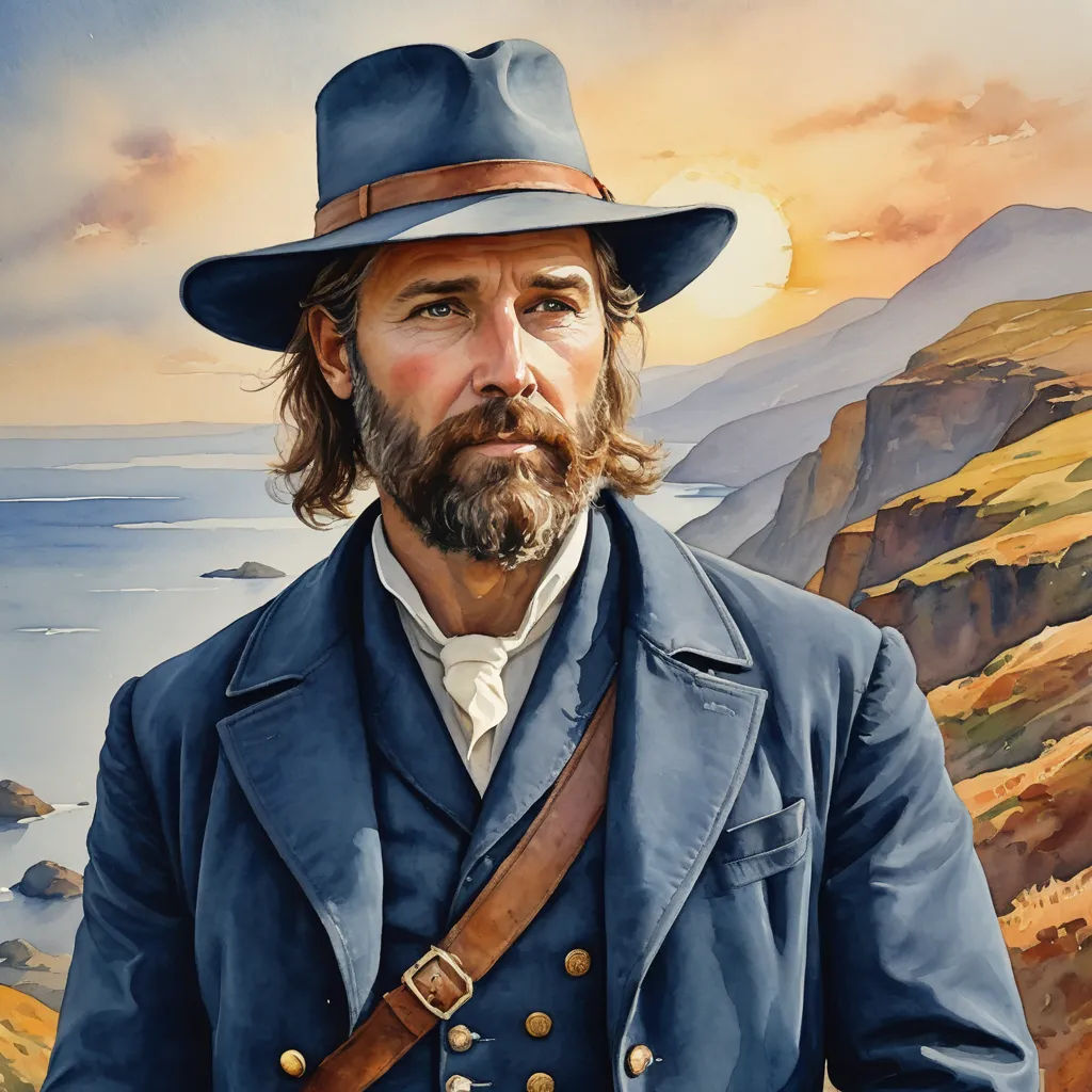 a painting of a man with a beard and a hat on, wearing a blue suit and a brown belt, american scene painting, poster art, Edward Otho Cresap Ord, II, western comic book art