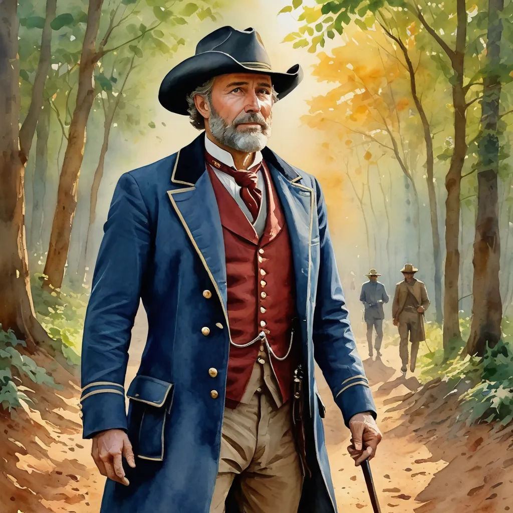 a painting of a man in a blue coat and hat walking in the woods with a cane and a cane, american scene painting, a character portrait, Drew Struzan, official art