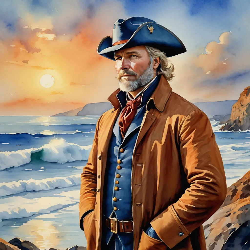 a painting of a man in a hat and coat standing on a beach with waves crashing in the background, american romanticism, a fine art painting, Edward George Handel Lucas, western comic book art