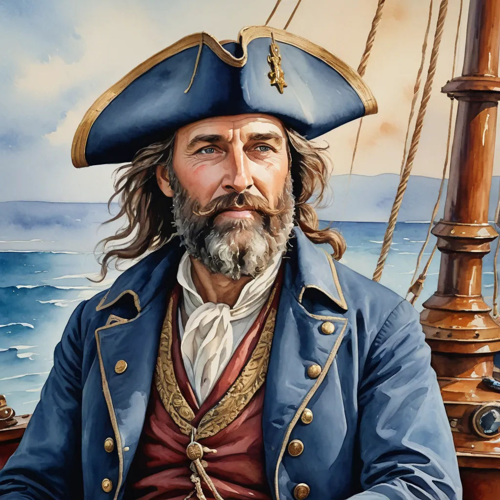 a painting of a man in a pirate costume on a ship with a beard and a beard mustache, wearing a blue jacket and a red shirt, american scene painting, a character portrait, Alex Horley, highly detailed digital painting