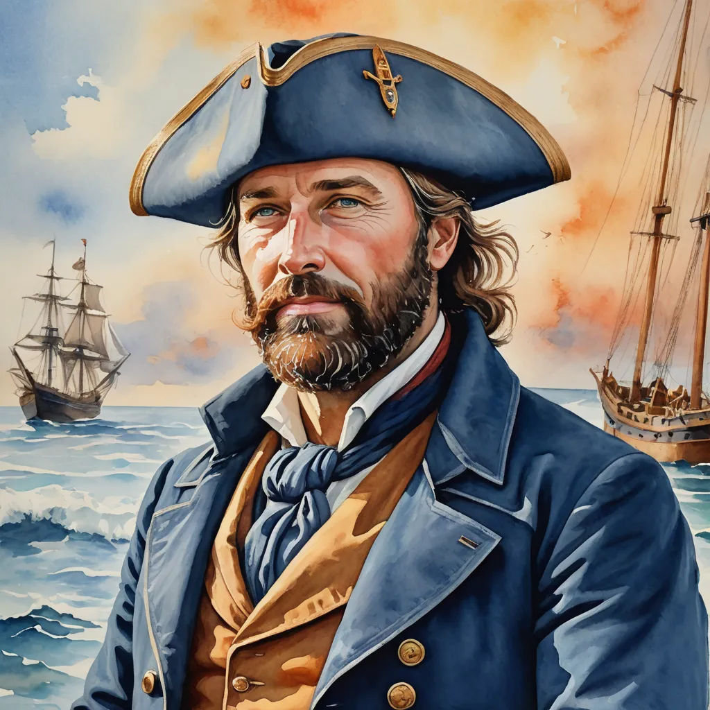 a painting of a man in a blue coat and hat with a ship in the background and a sky with clouds, american scene painting, a character portrait, Fitz Henry Lane, highly detailed oil painting