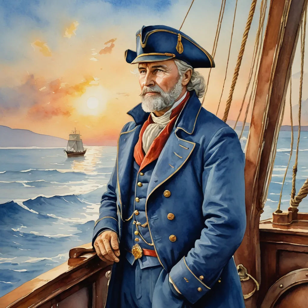 a painting of a man in a blue coat on a ship in the ocean with a sunset in the background, american scene painting, a character portrait, Fitz Henry Lane, character portrait