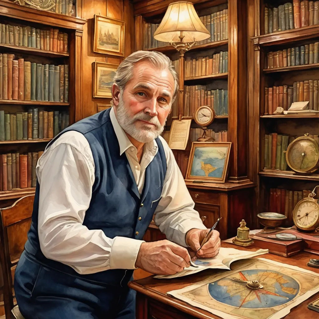 a painting of a man sitting at a desk in a library writing a book with a compass on it, arts and crafts movement, an ultrafine detailed painting, Bob Byerley, highly detailed digital painting