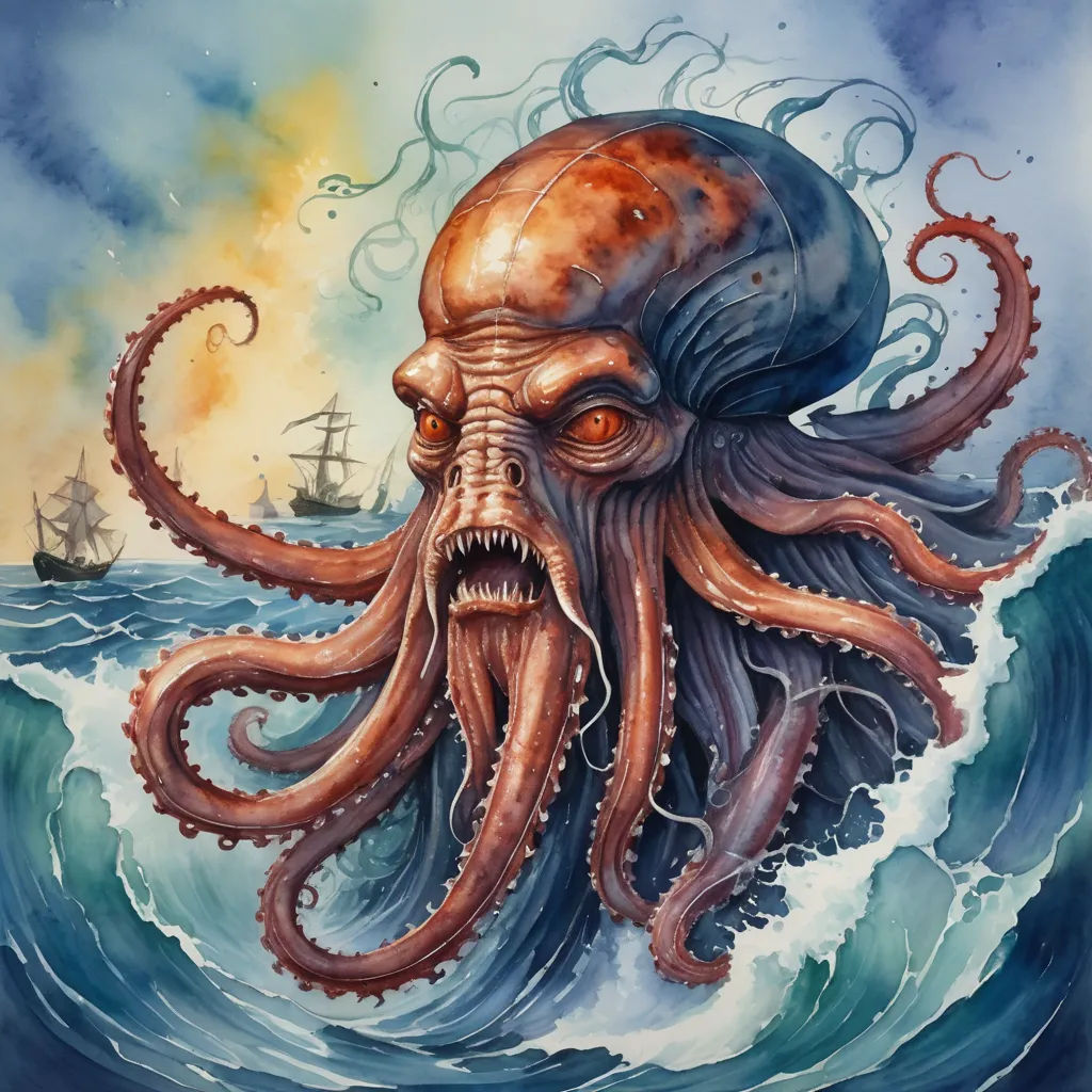 an octopus with a ship in the background and a painting of a ship in the background with a ship in the water, fantasy art, a detailed painting, Ed Binkley, lovecraftian