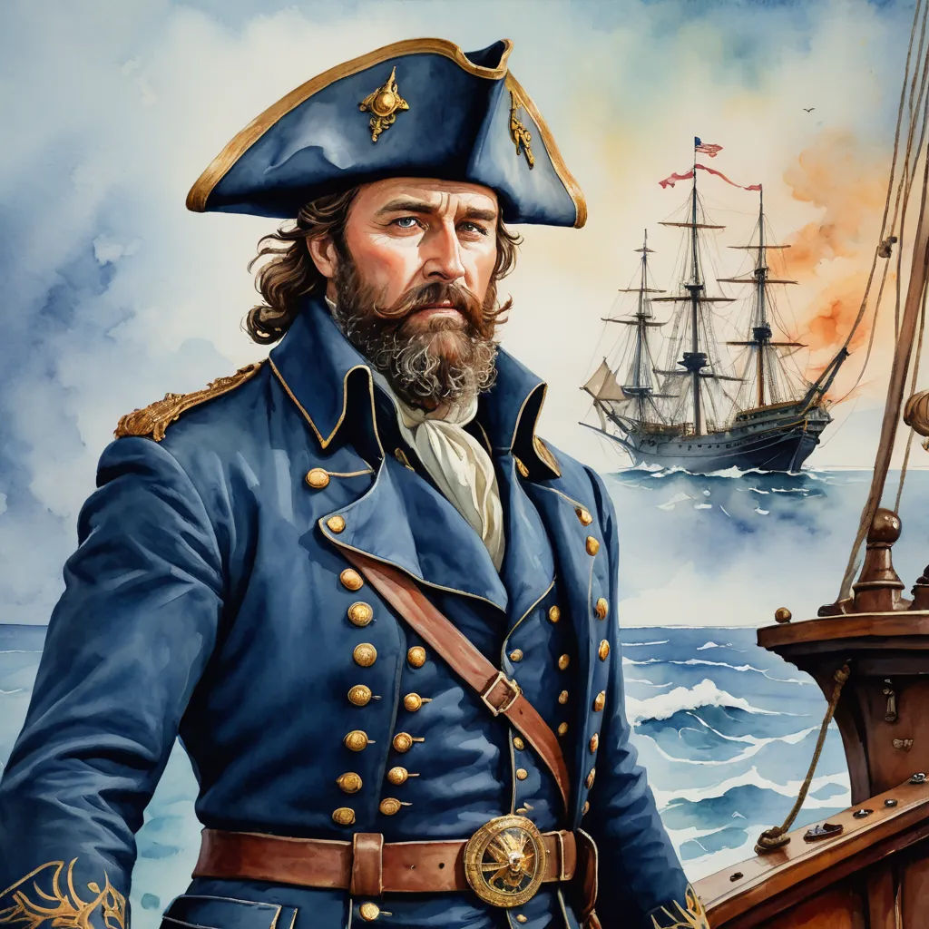 a painting of a man in a blue uniform with a pirate ship in the background and a ship in the water, american scene painting, a character portrait, Fitz Hugh Lane, highly detailed digital painting